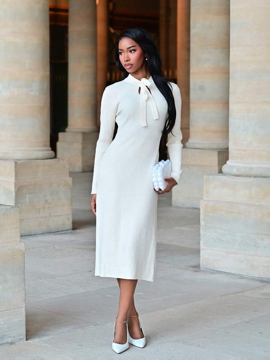 Mima John 新款时尚优雅高品质女士针织毛衣裙，百搭秋季 - 米色 - 查看 1