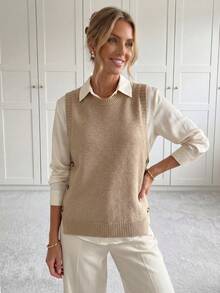 SHEIN LUNE Button Side Slit Hem Sweater Vest In Fall/Winter - Khaki - View 4