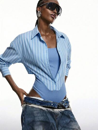 LYSMO 2026 New Minimalist Women's Solid Color Drop-Shoulder Long-Sleeve Two Pieces Jumpsuit / Women's Winter Clothing / Christmas / Christmas Women's Clothing / New Year Clothing / New Year Women's Clothing / Thanksgiving Women's Clothing / Thanksgiving Shirt / Graduation Season / Elegant Women's Dress / Elegant Women's Jumpsuit / Fashionable Women's Shirt / Chic Women's Jumpsuit / Chic Women's Shirt / Fashion Clothing Collection / Blue Top / Blue Shirt / Y2K Blue Shirts For Women Blue Striped Shirt