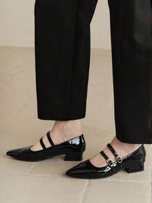 女士尖头玛丽珍平底鞋，粗跟带扣，表面光滑，时尚黑色皮鞋，适合春秋季，芭蕾 - 黑色 - 查看 2