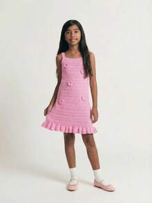 Maija Kids Maija Kids Tween女孩 1件 極簡休閒時尚針織花卉秋季洋裝，適合休閒外出、聚會、節慶、夏季與春季 - 粉色 - 查看 9