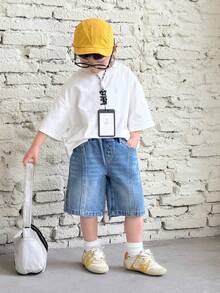 SHEIN Young Boy New Fashion Distressed Casual Soft Basic Simple Splicing Loose Fit Blue Denim Baggy Cropped Jeans Spring Summer,For Spring/Summer Dailywear, Streetwear,Beach,Vacation, Casual, Graphic Jeans,Jeans,4-Year-Old Jeans,Summer Jeans,Casual Jeans - Light Wash - View 7