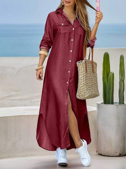 Vestido largo informal para mujer, manga larga con cuello, bata larga estampada, camisa larga con botones