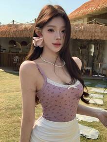DAZY 女士花卉蕾丝吊带背心，网纱点缀，夏季款 - 淺粉色 - 查看 5