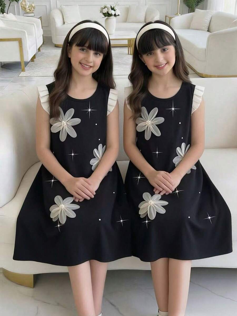 年轻女孩夏季新款时尚优雅黑色褶皱无袖连衣裙,饰有花朵串珠,适合日常穿着和宴会场合,尽显高贵气质。 - 黑色 - 查看 1