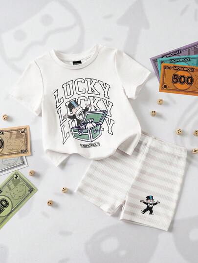 MONOPOLY X SHEIN Baby Girl Cartoon Letter Print T-Shirt And Striped Shorts Set
