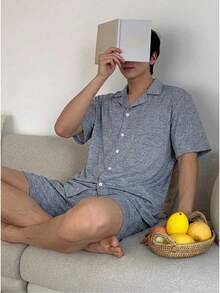 青少年男童舒适休闲短袖短裤睡衣套装，夏季 - 藍色 - 查看 4