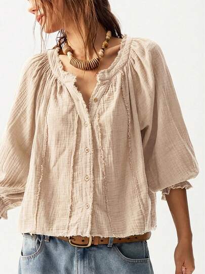 Bohemela 休闲纯色V领中袖宽松水洗女式衬衫