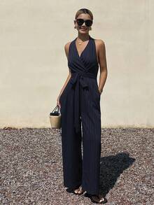 DAZY Bộ áo liền quần nữ có họa tiết, kiểu dáng thường ngày, thích hợp cho mùa xuân và mùa hè. - Màu xanh hải quân - Xem 6