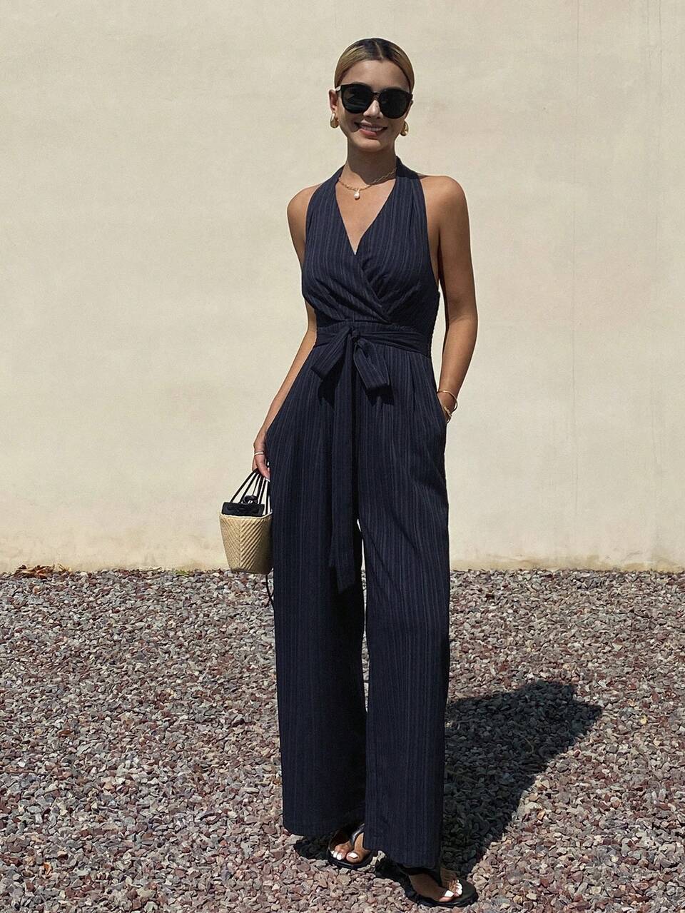 Women's Textured Casual Jumpsuit, Suitable For Spring And Summer Lounge Sets For Women