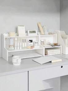 这款白色双层增高桌面置物架（1件套）适用于卧室、客厅、书房、办公室和宿舍。它是一款桌面置物架，可用于存放化妆品、香水、珠宝、文具和其他杂物，方便分类和展示。 - 白色 - 查看 7