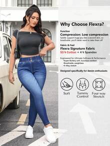 Flexra 女士休闲水洗高腰修身牛仔裤 - 藍色 - 查看 2