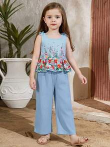 Conjunto de camiseta de tirantes con volantes y estampado floral y pantalones casuales texturizados para niña - Azul - Ver 5
