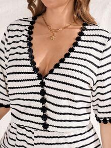 EMERY ROSE Plus Size Women's Summer Elegant Boho Vacation Holiday Black And White Striped Short Sleeve Jumpsuit,Floral Lace Trim Ruffle Contrast Color Outfits - Multicolor - View 3