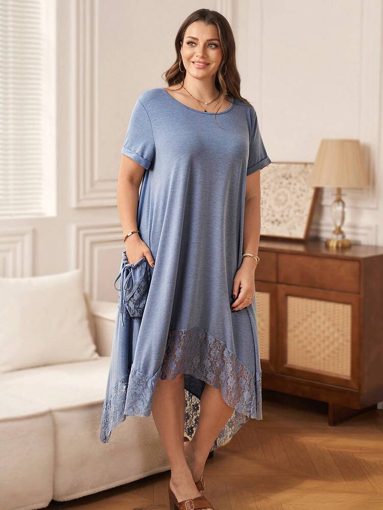 Plus Size Women's Summer Casual Vacation Country  Solid Color Lace Patchwork Asymmetrical Hem Pocket Design Mid-Length Dress, Spring/Summer,Summer\Vacation,Summer Holiday,Spring Break Outfits ,Vacation Outfits Women ,Holiday Outfits For Women,Going Out Outfits,2026 New Clothes,Simple And Fashionable For Everyday Wear,Suitable For Summer, Vacation, Daily Wear,Suitable For Summer, Vacation, Daily Wear,Dresses For Women,Flowy Dress ,Beach Outfits For Women,Casual Vacation Boho Dress, Blue Dress Plus Size,
