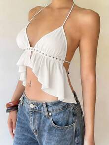 Aloruh Top halter con espalda descubierta y decoración de remaches - Blanco - Ver 5