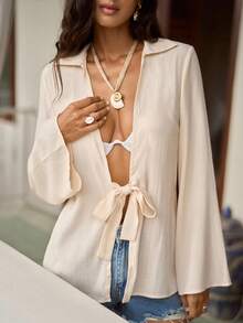 Swim Chiccia Women's Solid Color Casual Versatile Daily Wear Long Sleeve Kimono Top - Beige - View 7