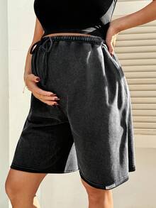 SHEIN Pantalones cortos casuales y versátiles para uso diario con cintura con cordón para maternidad - Negro - Ver 1