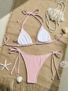 Swim Vcay 女士度假拼布编织肩带贝壳装饰纹理面料系带比基尼套装 - 粉色 - 查看 2