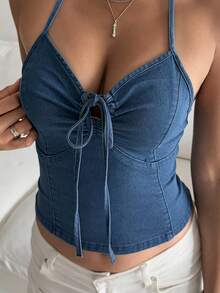 DAZY Áo croptop denim không tay, kiểu dáng casual, buộc dây sau lưng, cổ yếm, dành cho nữ, thích hợp cho mùa hè. - Rửa tối - Xem 7