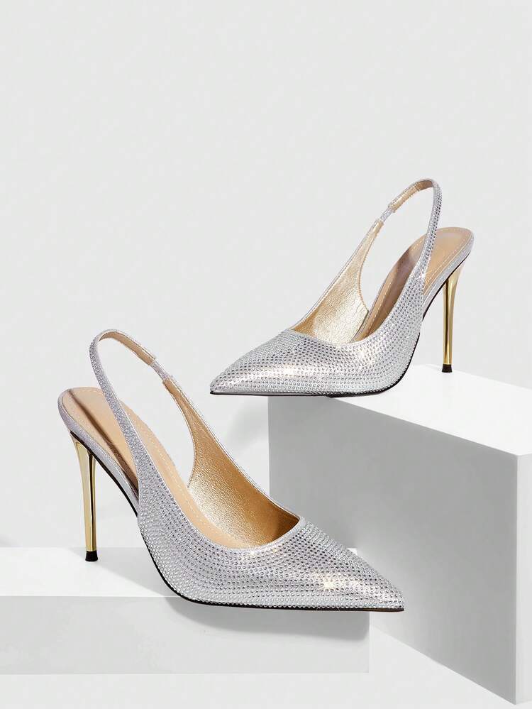 CUCCOO SZL Spring And Autumn New Silver Rhinestone Pointed Gold Plated Heel Fashion Party Sexy Avant-Garde Elegant Ladies High Heel Shoes Spring Shoes