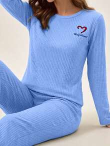 EURMUSE 100%Cotton Letter Embroidery Ribbed Knit Lounge Set - Baby Blue - View 4