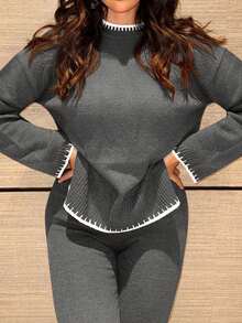 MDEdit 女士休闲日常通勤撞色落肩宽松针织毛衣和针织裤两件套，秋冬 - 深灰色 - 查看 4