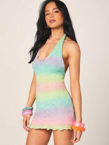 MISSGUIDED Đầm ngắn nữ nhuộm tie-dye cổ yếm hở lưng họa tiết cầu vồng, thích hợp mặc ngoài đi biển, dự tiệc mùa hè, ôm sát cơ thể. - Nhiều màu - Xem 6