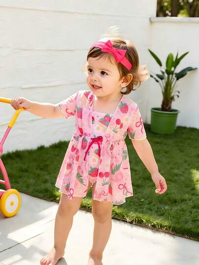 SHEIN 3pcs Baby Girls' Sweet Candy Elastic Quick-Dry Comfortable Knitted Fabric Swimwear Set, Suitable For Swimming Pool, Beach, Surfing, Vacation, Summer Travel