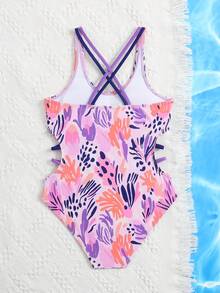 SHEIN 女童树叶印花弹力速干舒适针织连体泳衣，适合海滩、泳池、冲浪、度假、夏季旅行 - 彩色 - 查看 2