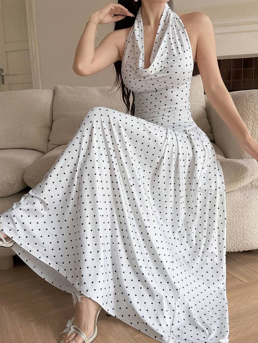 Modelyn Đầm midi dệt kim chấm bi đa năng, có thể mặc ba kiểu trong kỳ nghỉ hè trên bãi biển, với cổ áo trễ vai, cổ tim và cổ xếp ly. - trắng - Xem 1