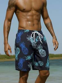 Manfinity Swimmode Quần short đi biển nam in hình quả dứa, cạp chun, kiểu dáng thường ngày, họa tiết hoa xanh dương, quần bơi nam in hình quả dứa. - màu đen - Xem 4