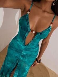 Vacation Knit Mesh Printed Maxi Slip Dress For Women,  Summer Spring Outfits, Beach Vacation Outfits, Elegant Going Out Outfits - Blue - View 3