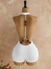 Soleia 新款休闲度假西部海滩婚礼宾客着装，毕业早午餐，圣帕特里克节，春假，复活节，音乐节，优雅波西米亚热带风情露背金属串珠纹理连体裤，女士款 - 白色 - 查看 2