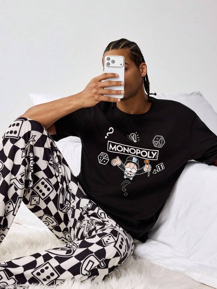 MONOPOLY X SHEIN Men's Cartoon Print Short Sleeve Top And Pants Pajama Set, MONOPOLY - Black - View 1