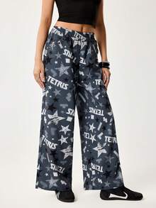 Tetris™ X SHEIN Women's Letter & Star Print Elastic Waist Wide Leg Loose Casual Pants - Grey - View 5