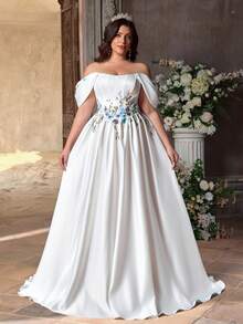 Aureia Plus Size Elegant White Spring Wedding Dress U-Neck Off-Shoulder Hanging Sleeve Fishbone Decor Luxury Sequins Splice High Slit A-Line Bridal - White - View 4