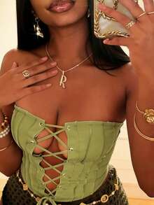 Zyxie 女士休闲纯色钥匙孔系带露脐吊带背心 - 綠色 - 查看 3