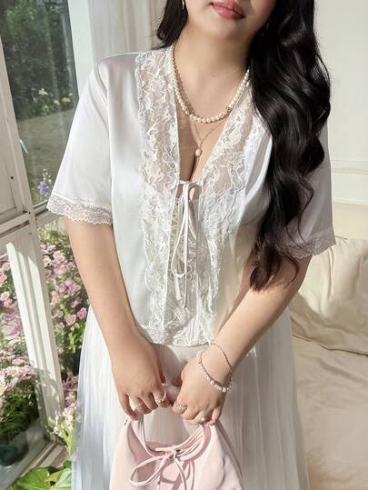 Comfortcana 夏季加大码缎面蕾丝短款开衫衬衫