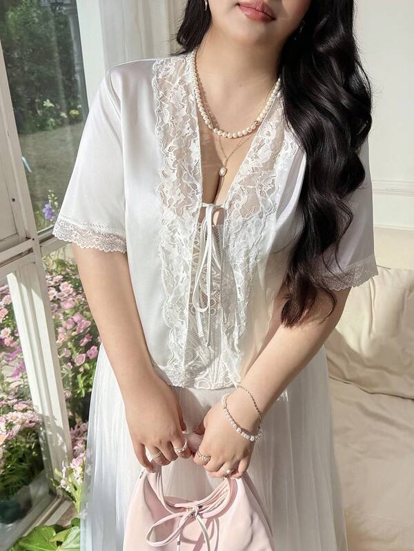 Comfortcana Áo khoác cardigan ngắn tay bằng satin ren cỡ lớn, thích hợp cho mùa hè.