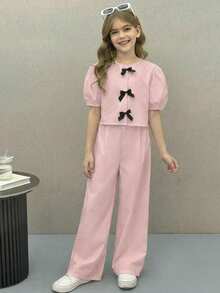 SHEIN Firerie Kids Tween Girls Casual Fashion Round Neck Petal Sleeve Button-Up Top And Ankle Length Pants Set,Kids - Baby Pink - View 5