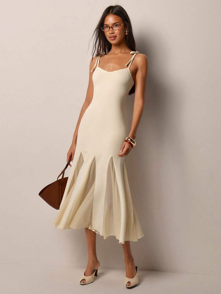 COSMINA Đầm midi nữ màu mơ trơn, dây buộc, phối vạt chéo, kiểu dáng thanh lịch cổ điển, thích hợp cho đám cưới, tiệc tùng, kỳ nghỉ, họp mặt, hẹn hò, phong cách tối giản. - Màu be - Xem 1