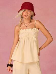 Athîral Cream Ruched Camisole Top And Tie Front Wide Leg Pants 2 Pieces Set For Women - Yellow - View 3