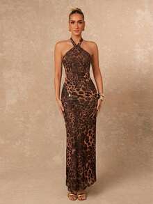 Lumalex Leopard Print Halter Tie Bodycon Ruched Metal Decor Dress For Women - Brown - View 5