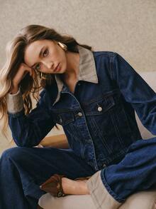 Anewsta 女士春夏时尚优雅拼接格子浪漫派对休闲度假蓝色长袖外套上衣牛仔裤 - 藍色 - 查看 4