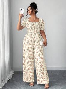 Elenzga Bộ áo liền quần nữ cổ vuông họa tiết hoa nhí, tay cánh hoa, lưng hở, thắt nơ phía trước. - Nhiều màu - Xem 5