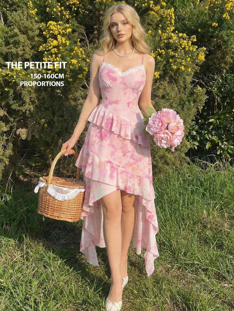 SHEIN MOD Petite Đầm nữ kiểu dáng thanh lịch, thường ngày, họa tiết in toàn thân, viền bèo nhún, thích hợp cho mùa hè. - Hồng - Xem 1