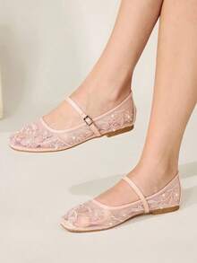 CUCCOO CHICEST Women Shoes Four Seasons New Embroidery Faux Pearl Low Vamp Square Toe Flat Sole Shoes Elegant Elegant Fashion Mesh Women's Flat Shoes Soft Sole Ballet Shoes Elegant Commuter Mary Jane Shoes Wedding Shoes Spring Shoes Bride Shoes - Light pink A - View 2