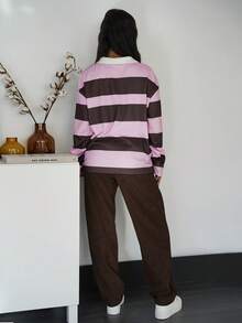 SAYEHFBABY 女士休闲落肩条纹POLO针织T恤，Y2K风格POLO衫，90年代长袖条纹T恤 - 粉色 - 查看 2