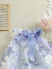 SHEIN 女嬰紫色花卉印花優雅掛脖A字洋裝 夏季公主風蛋糕裙 可愛生日派對日常穿著度假新款 - 淡紫色 - 查看 4